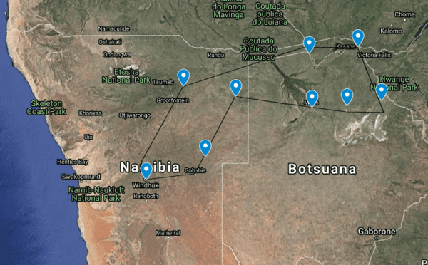 trip map - Botswana and north east Namibia - Dusty Trails Safaris Namibia & Dusty Car Hire Namibia