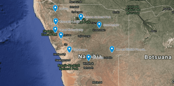 trip map - Explore northwesten Namibia, Spitzkoppe, Damaraland, Kaokoland, Etosha, Harnas Wildlife Foundation - Dusty Trails Safaris Namibia & Dusty Car Hire Namibia