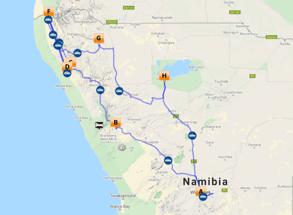 Übersicht Reiseroute Exklusive Safari: Skelettküste und Etosha - Dusty Trails Safaris Namibia & Dusty Car Hire Namibia