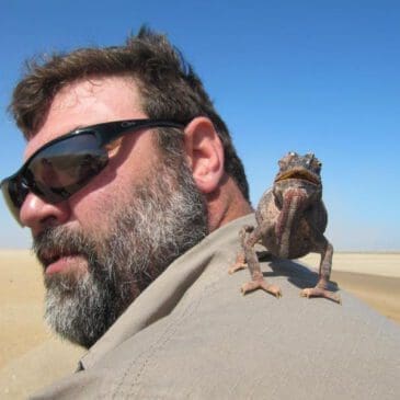 Herman Oosthuizen with chameleon on his shoulder - Dusty Trails Safaris Namibia & Dusty Car Hire Namibia