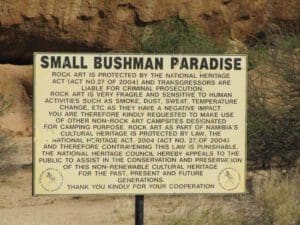 bushmen rock art protection sign in Spitzkoppe area Namibia - Dusty Trails Safaris Namibia & Dusty Car Hire Namibia