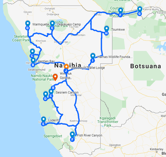 Travel Overview Map - Namibia Honeymoon Safari 2021