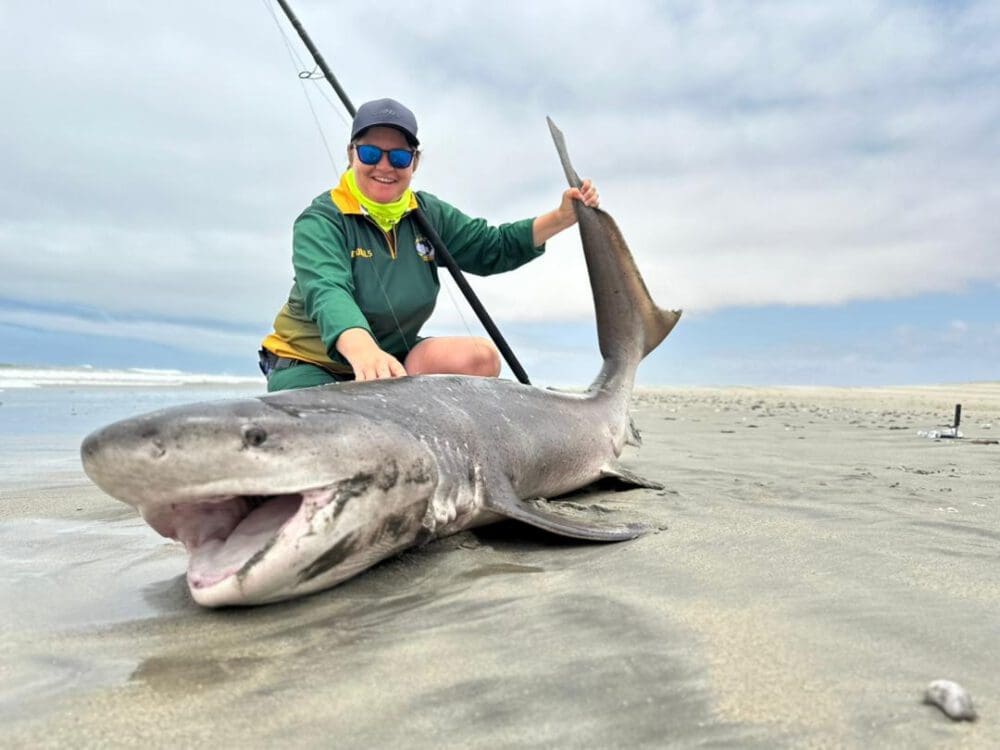 Carlien having caught a big shark - fishing success in Namibia